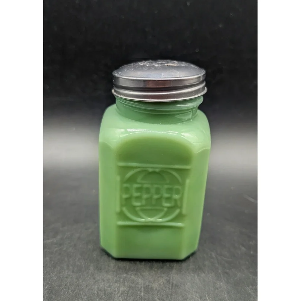 TPC Jadite Green Milk Glass Pepper Shaker Vintage Style Square Metal Lid